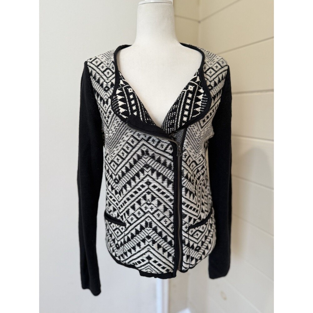 Lucky Brand Asymmetric Sweater‎ Black Large Aztec Cotton Boho Scandi Nordic